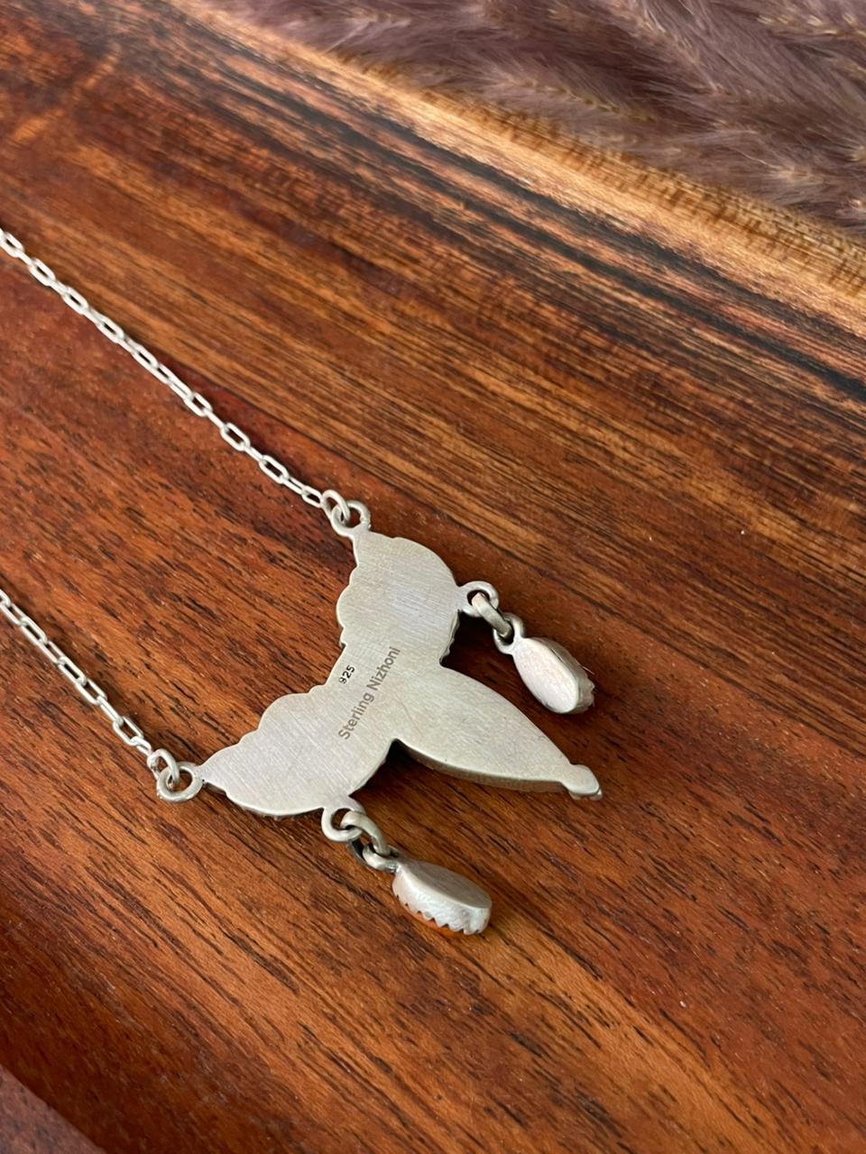 Handmade Sterling Silver Kingman Turquoise with Orange Mojave Necklace "Signed Nizhoni"