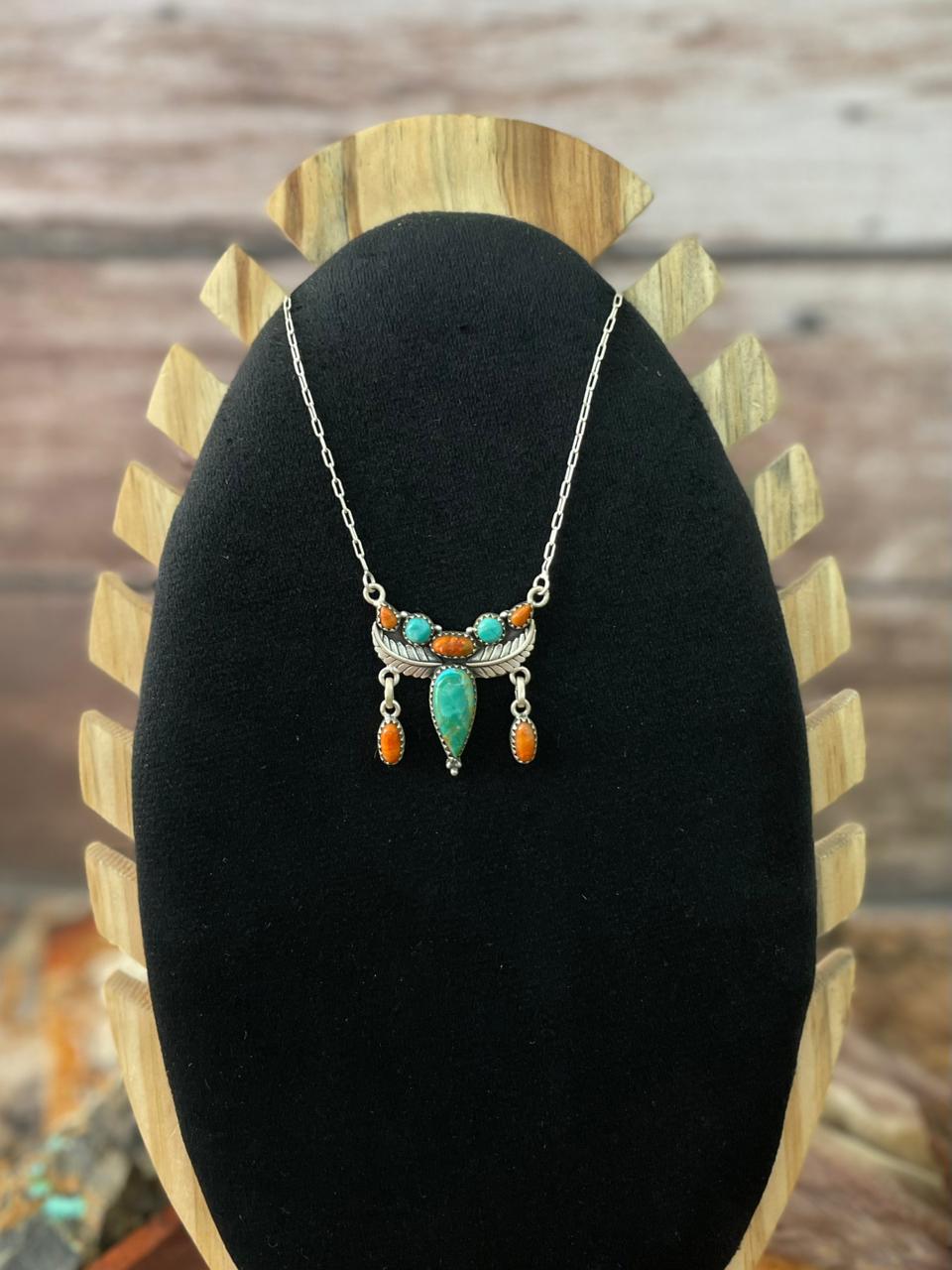 Handmade Sterling Silver Kingman Turquoise with Orange Mojave Necklace "Signed Nizhoni"
