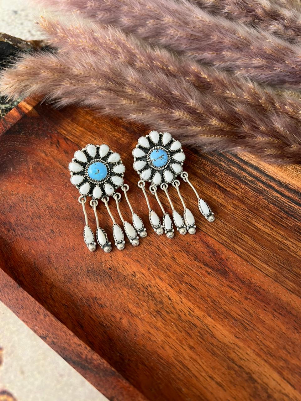 Handmade Sterling Silver White Buffalo with Golden Hills Turquoise Post Dangle Earrings "Signed Nizhoni"