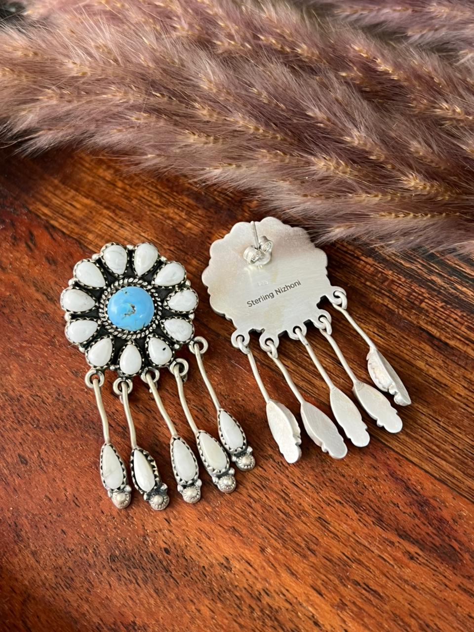 Handmade Sterling Silver White Buffalo with Golden Hills Turquoise Post Dangle Earrings "Signed Nizhoni"
