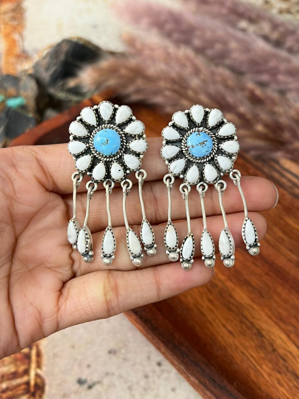 Handmade Sterling Silver White Buffalo with Golden Hills Turquoise Post Dangle Earrings "Signed Nizhoni"