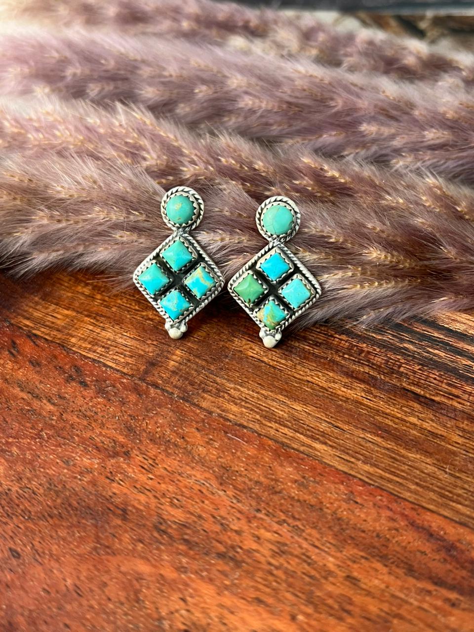 Handmade Sterling Silver Kingman Turquoise Post Earrings "Signed Nizhoni"