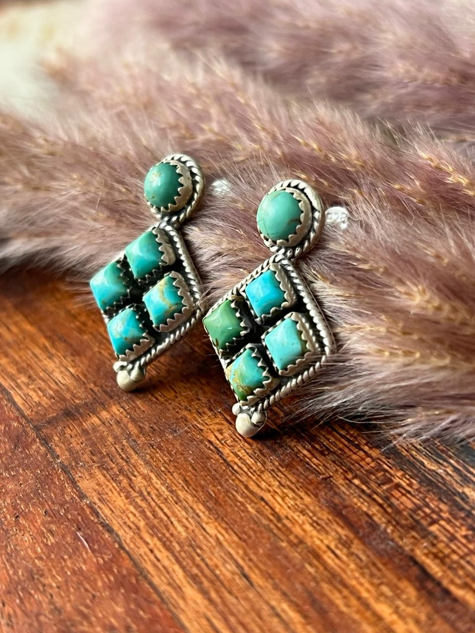 Handmade Sterling Silver Kingman Turquoise Post Earrings "Signed Nizhoni"