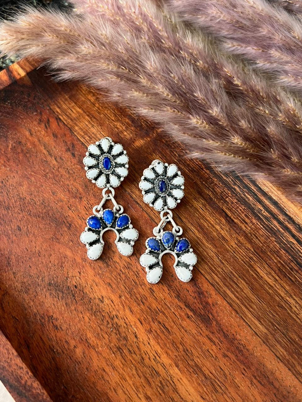 Handmade Sterling Silver White Buffalo with Lapis Post Dangle Earrings "Signed Nizhoni"
