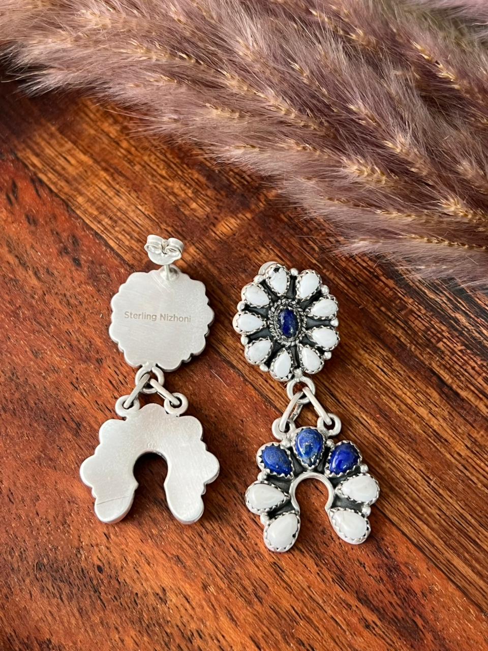 Handmade Sterling Silver White Buffalo with Lapis Post Dangle Earrings "Signed Nizhoni"