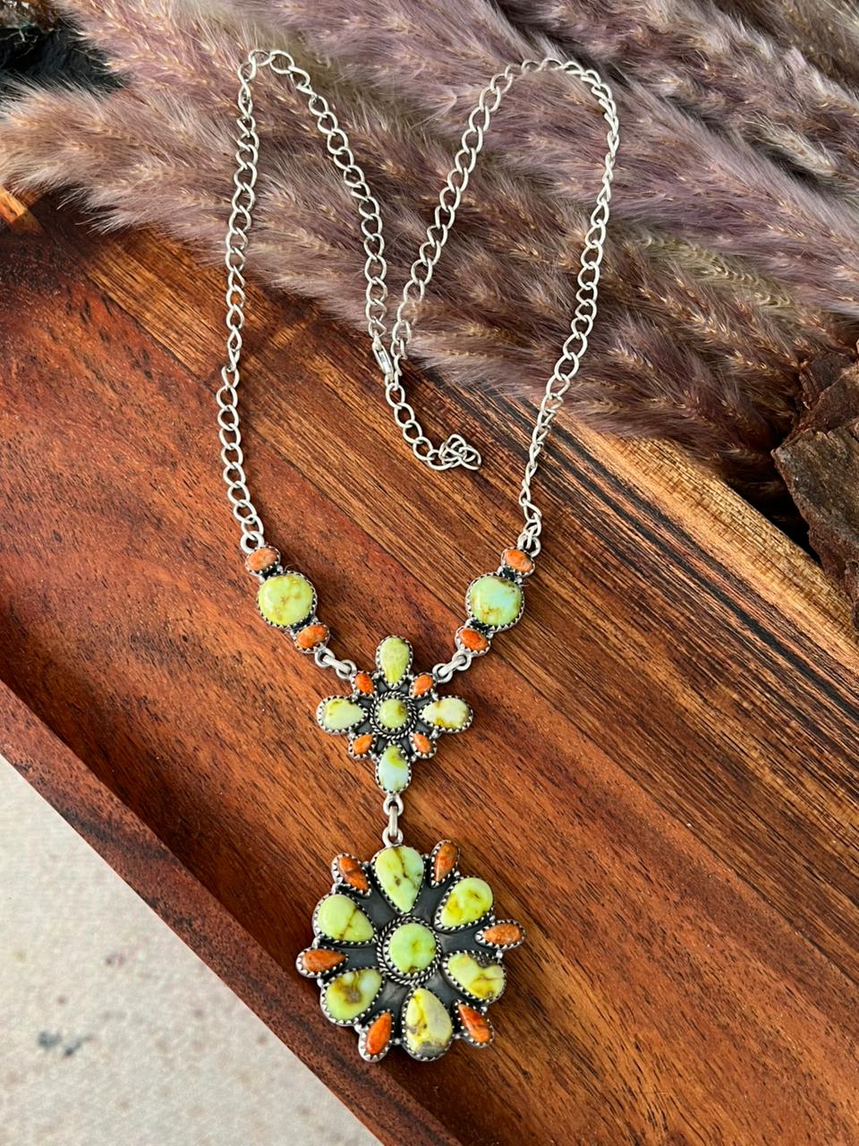 Handmade Sterling Silver Palomino Turquoise with Orange Mojave Drop Necklace "Signed Nizhoni"