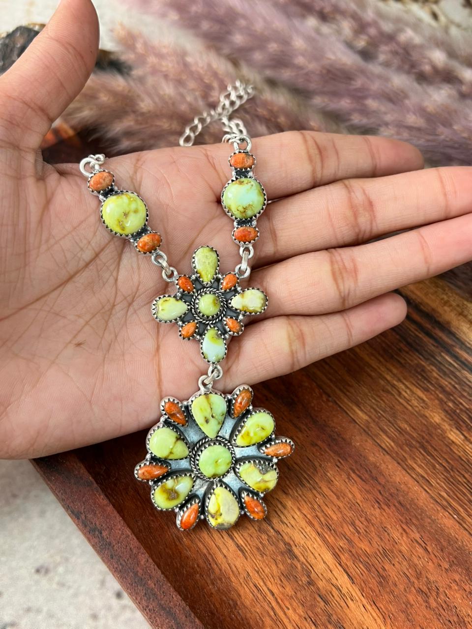 Handmade Sterling Silver Palomino Turquoise with Orange Mojave Drop Necklace "Signed Nizhoni"