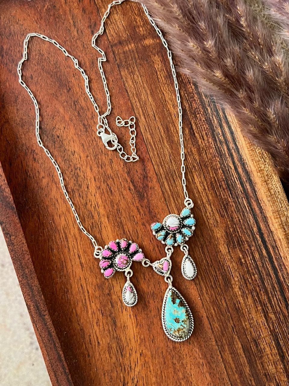 Handmade Sterling Silver White Number 8 Turquoise with Cotton Candy Necklace "Signed Nizhoni"