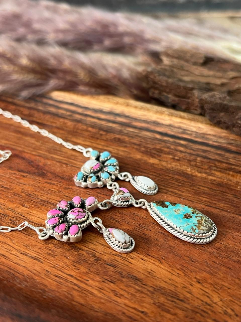 Handmade Sterling Silver White Number 8 Turquoise with Cotton Candy Necklace "Signed Nizhoni"