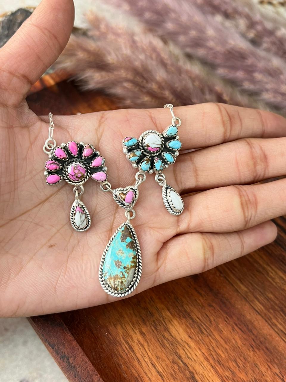 Handmade Sterling Silver White Number 8 Turquoise with Cotton Candy Necklace "Signed Nizhoni"