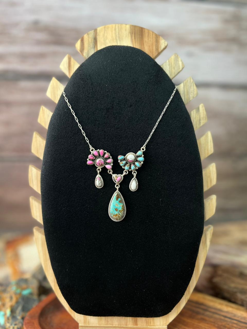 Handmade Sterling Silver White Number 8 Turquoise with Cotton Candy Necklace "Signed Nizhoni"