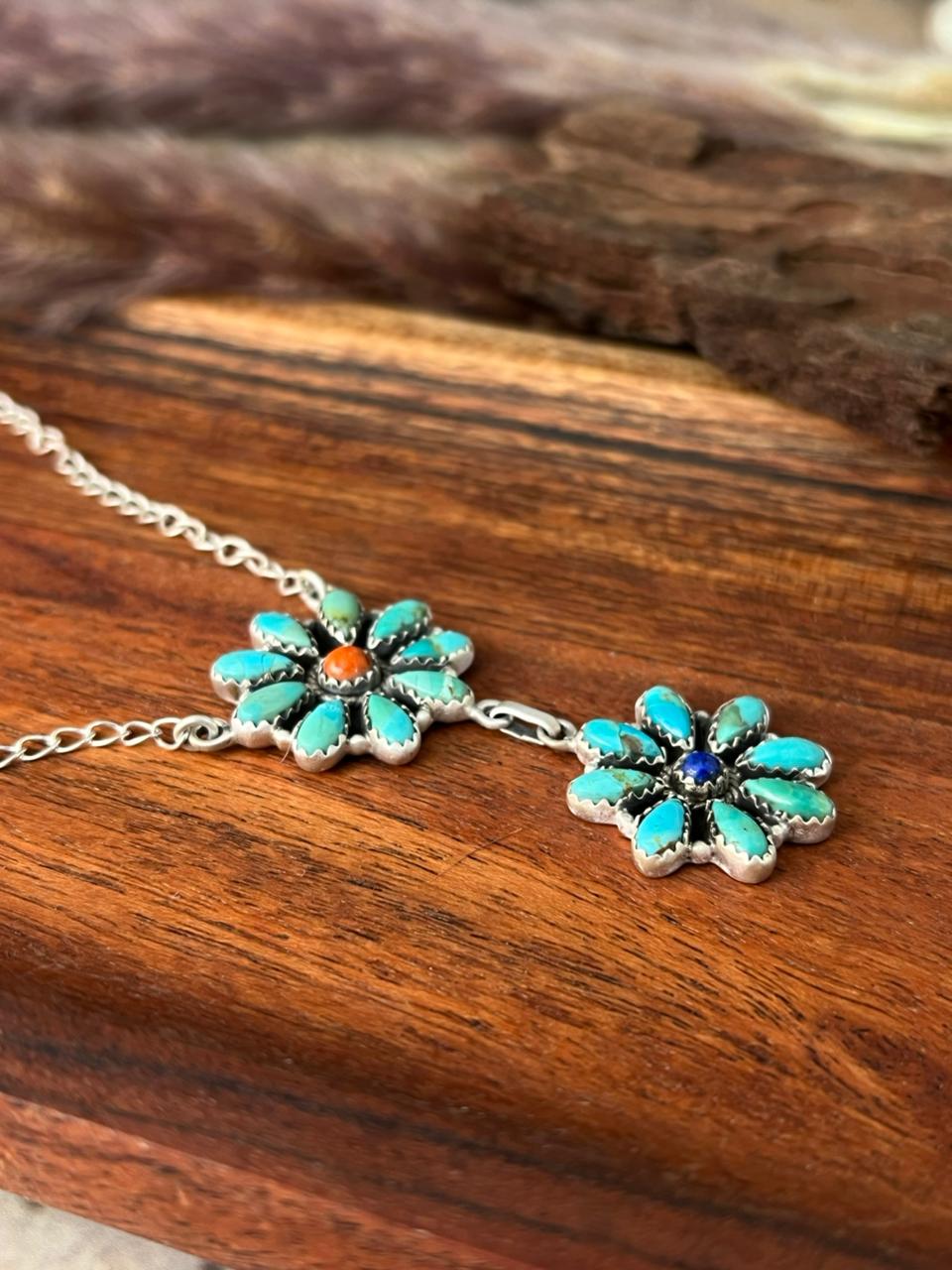 Handmade Sterling Silver Lapis with Kingman Turquoise and Orange Mojave Necklace "Signed Nizhoni"