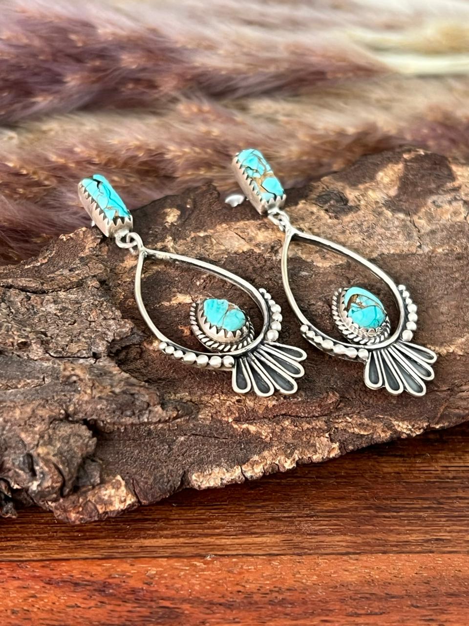 Handmade Sterling Silver Mint Dahlia Post Dangle Earrings "Signed Nizhoni"