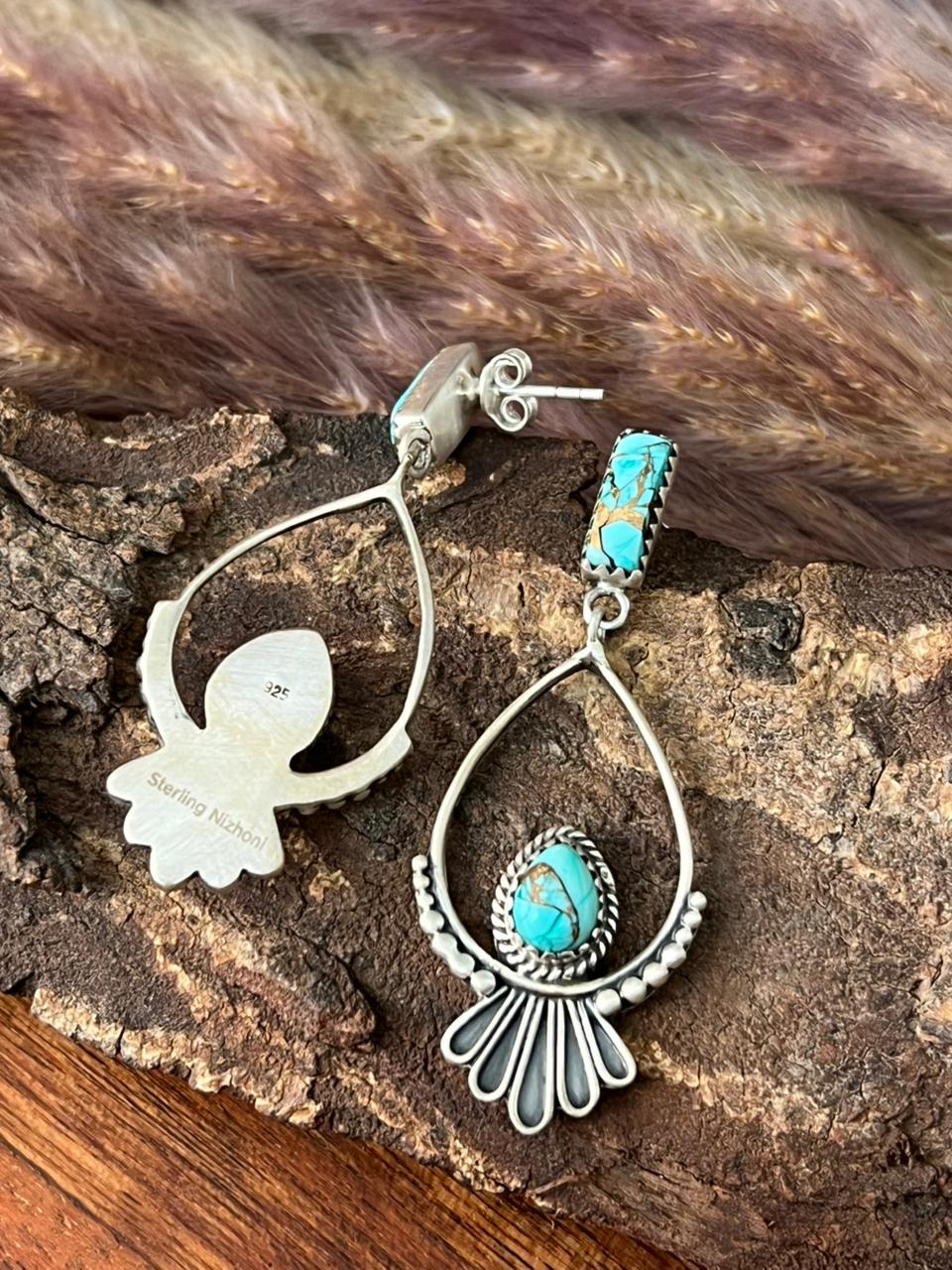 Handmade Sterling Silver Mint Dahlia Post Dangle Earrings "Signed Nizhoni"