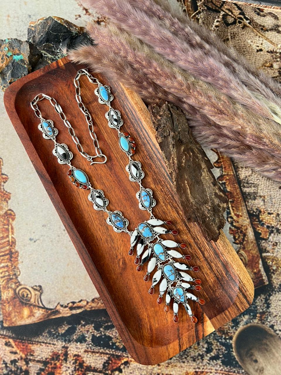 Handmade Sterling Silver Canyon Sunset Collection: Golden Hills Turquoise with White Buffalo and Carnelian Necklace "Signed Nizhoni"