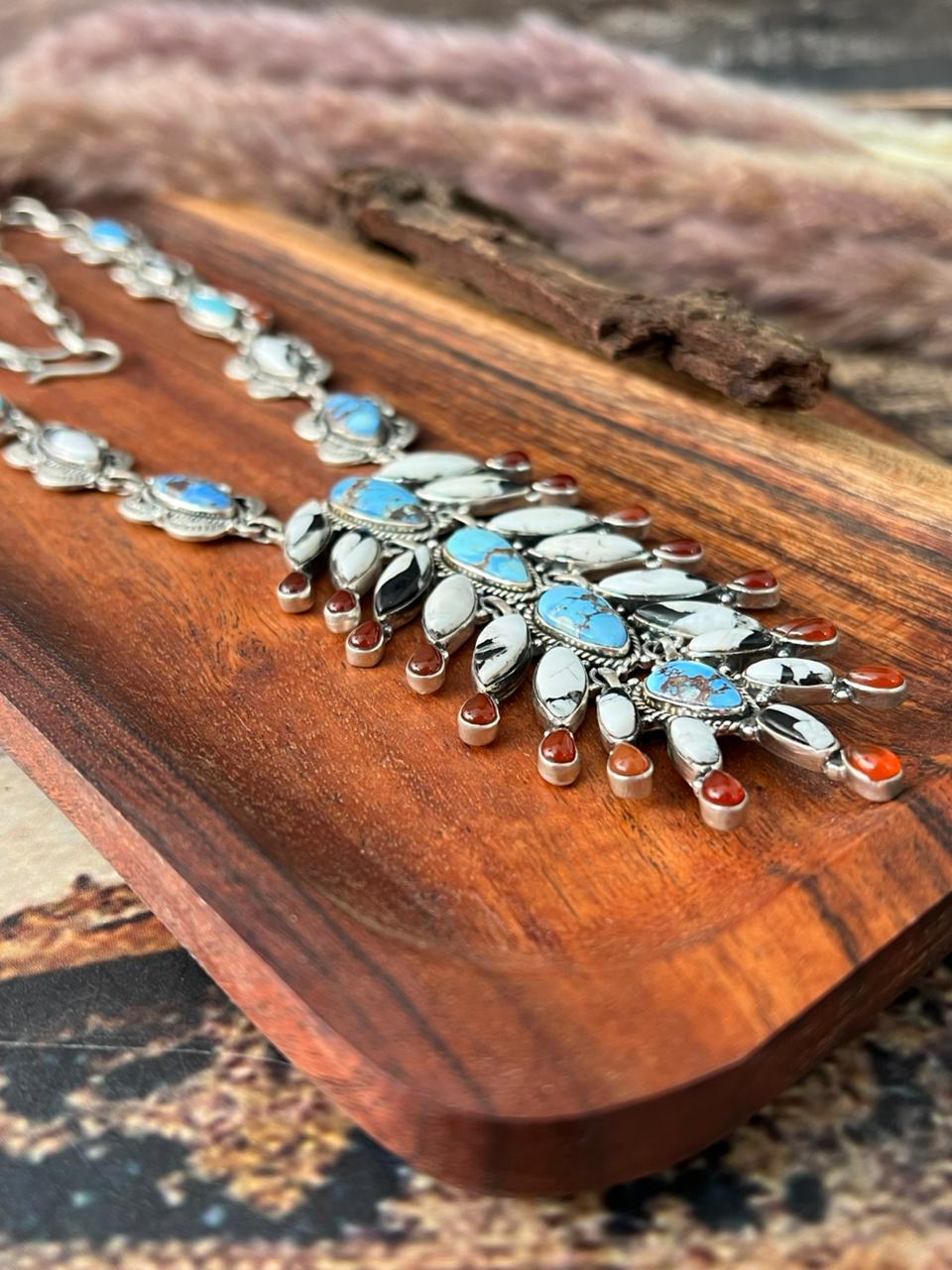 Handmade Sterling Silver Canyon Sunset Collection: Golden Hills Turquoise with White Buffalo and Carnelian Necklace "Signed Nizhoni"