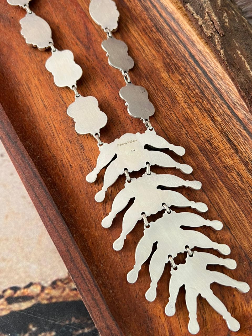 Handmade Sterling Silver Canyon Sunset Collection: Golden Hills Turquoise with White Buffalo and Carnelian Necklace "Signed Nizhoni"