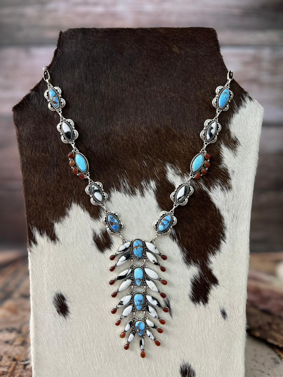 Handmade Sterling Silver Canyon Sunset Collection: Golden Hills Turquoise with White Buffalo and Carnelian Necklace "Signed Nizhoni"