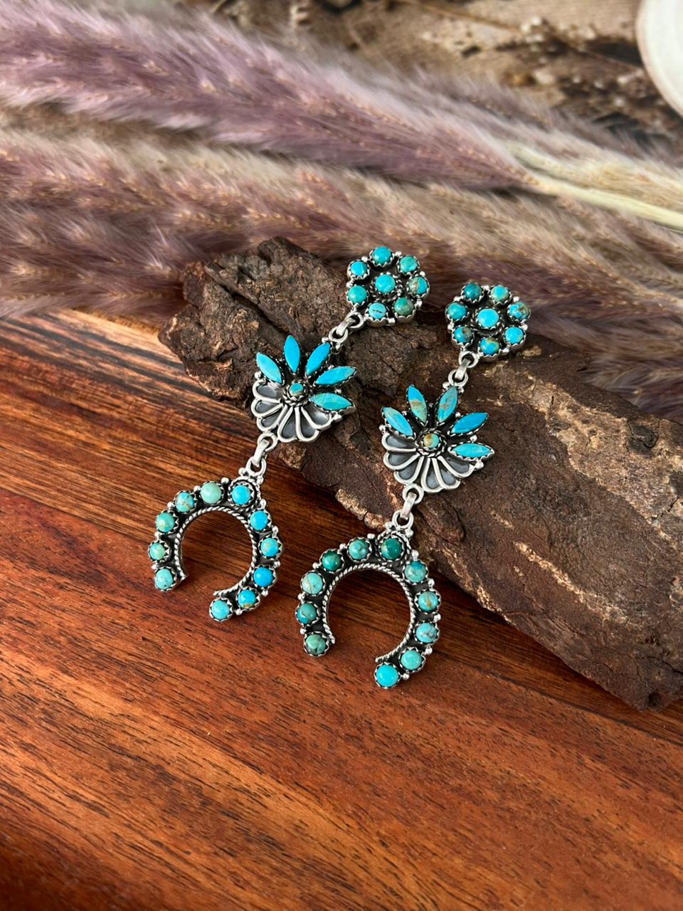 Handmade Sterling Silver Kingman Turquoise Post Dangle Earrings "Signed Nizhoni"