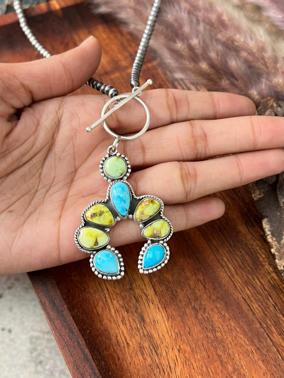 Handmade Sterling Silver Sierra Bella with Palomino Turquoise Naja Beaded Necklace "Signed Nizhoni"