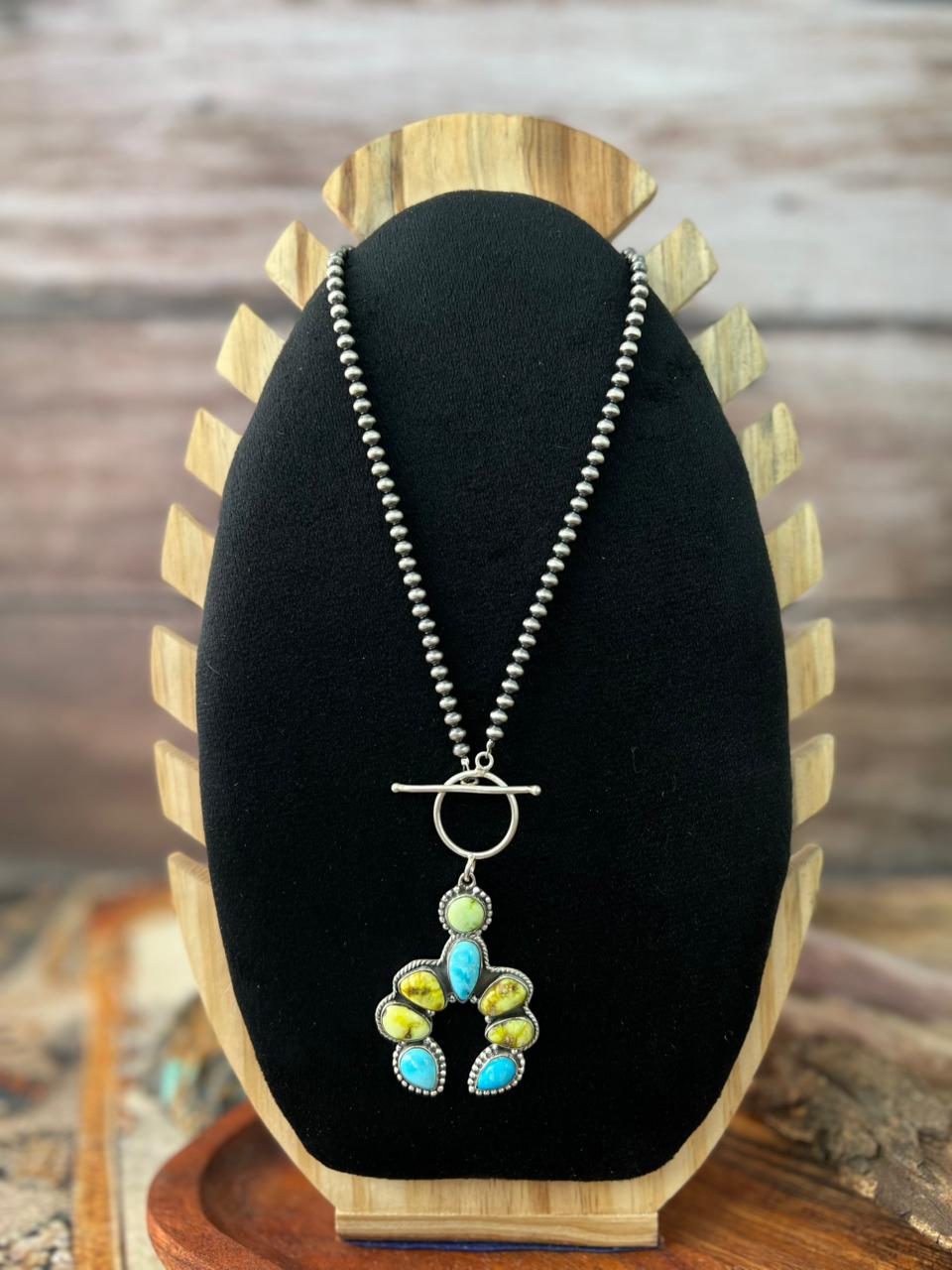 Handmade Sterling Silver Sierra Bella with Palomino Turquoise Naja Beaded Necklace "Signed Nizhoni"