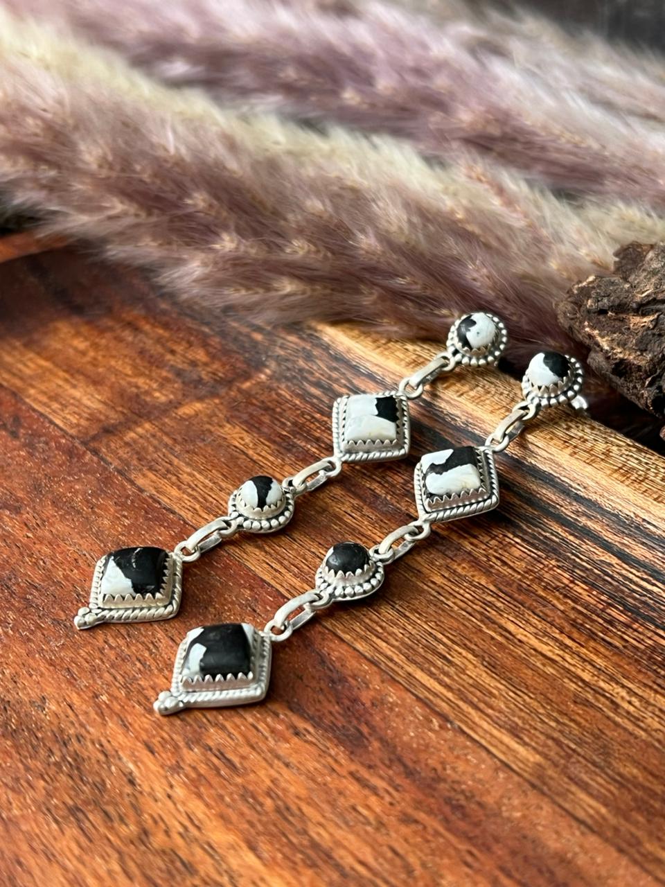 Handmade Sterling Silver White Buffalo Post Dangle Earrings "Signed Nizhoni"