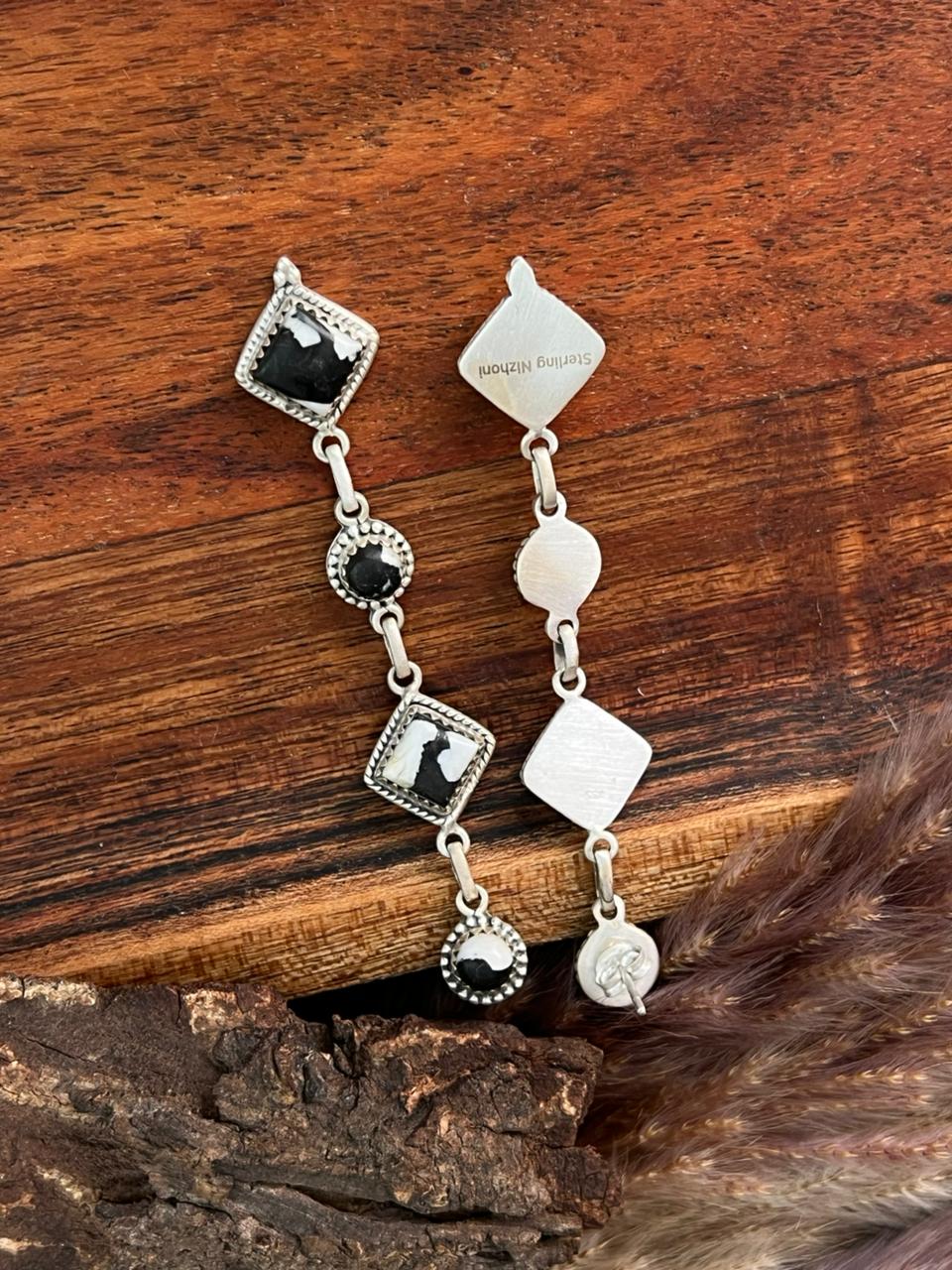 Handmade Sterling Silver White Buffalo Post Dangle Earrings "Signed Nizhoni"