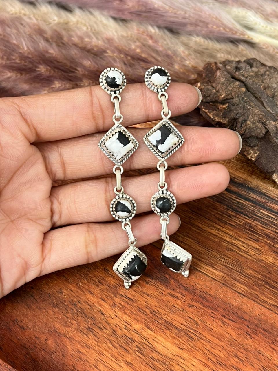 Handmade Sterling Silver White Buffalo Post Dangle Earrings "Signed Nizhoni"