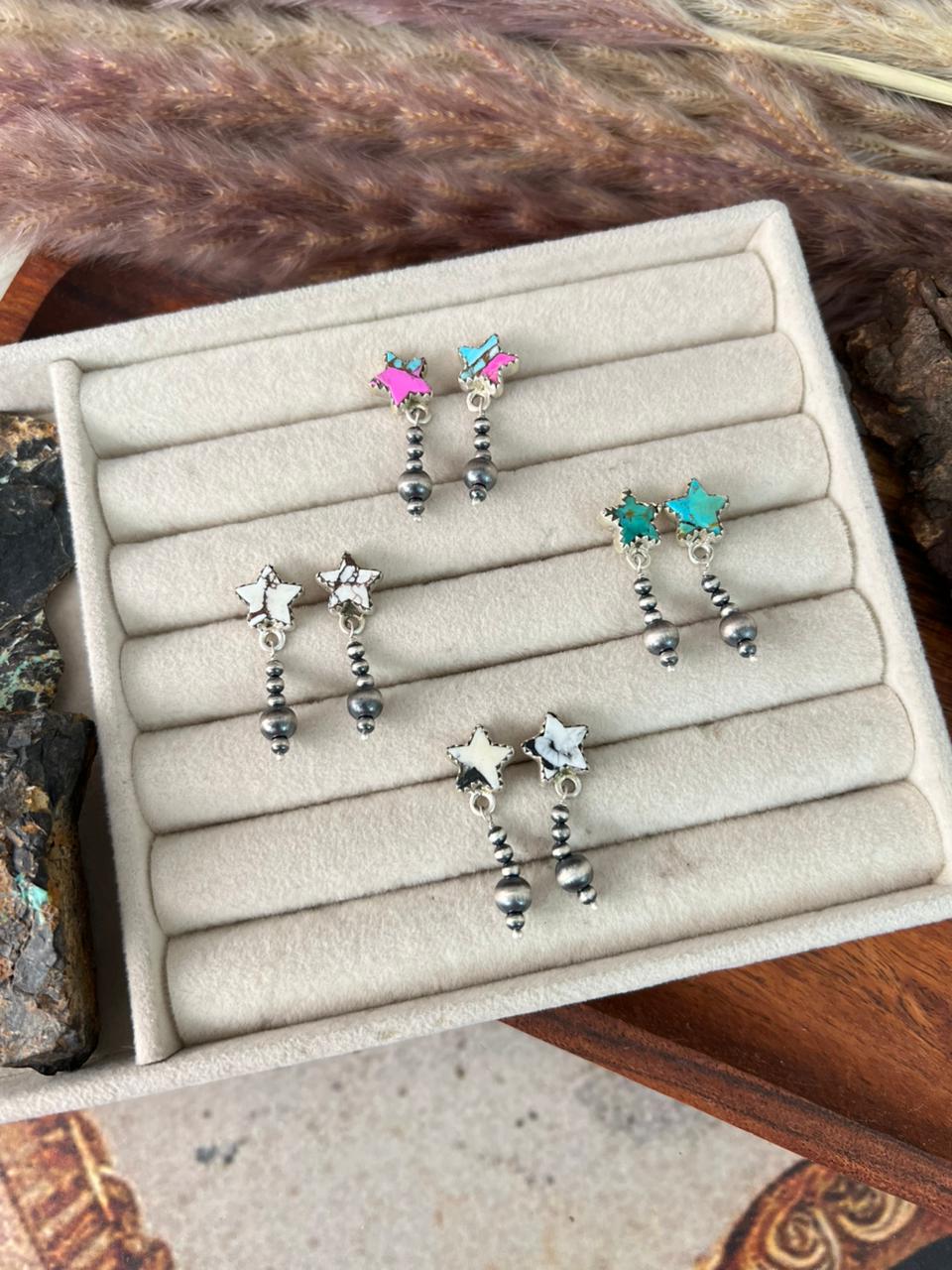 Handmade Sterling Silver Cotton Candy, White Buffalo, Wildhorse Magnesite and Kingman Turquoise Post Dangle Beaded Earrings "Signed Nizhoni"