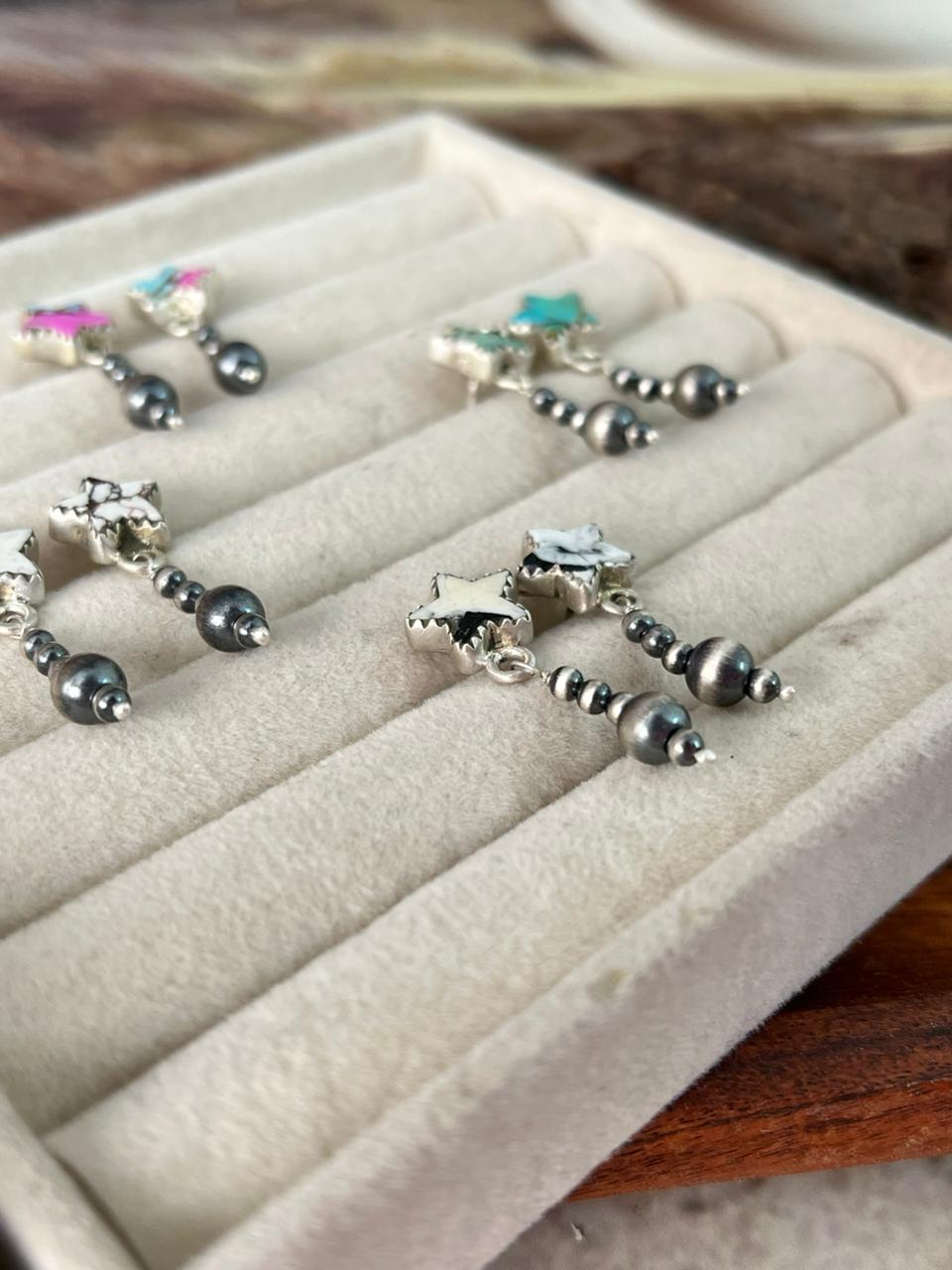 Handmade Sterling Silver Cotton Candy, White Buffalo, Wildhorse Magnesite and Kingman Turquoise Post Dangle Beaded Earrings "Signed Nizhoni"