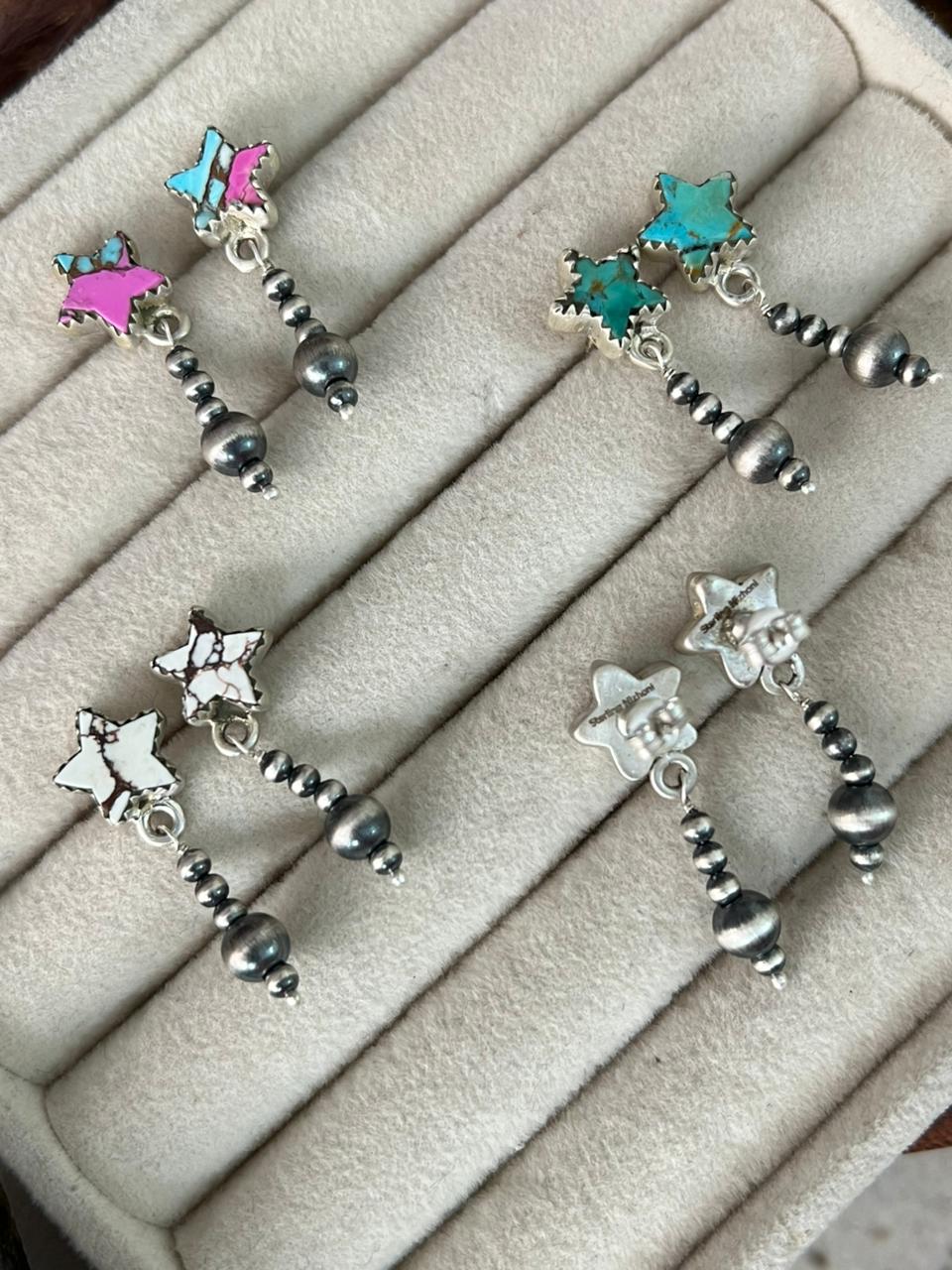 Handmade Sterling Silver Cotton Candy, White Buffalo, Wildhorse Magnesite and Kingman Turquoise Post Dangle Beaded Earrings "Signed Nizhoni"