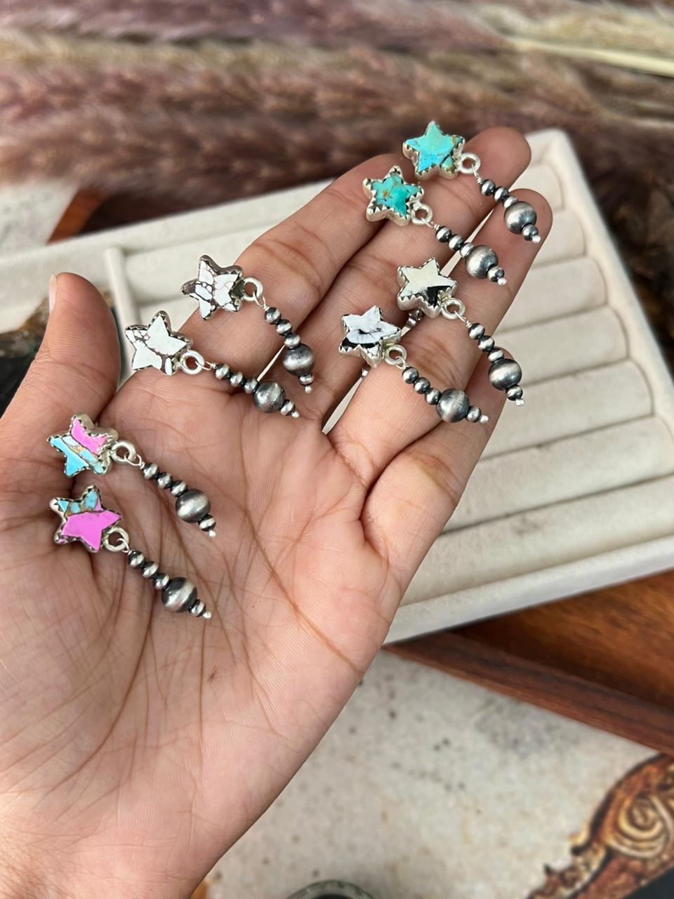 Handmade Sterling Silver Cotton Candy, White Buffalo, Wildhorse Magnesite and Kingman Turquoise Post Dangle Beaded Earrings "Signed Nizhoni"