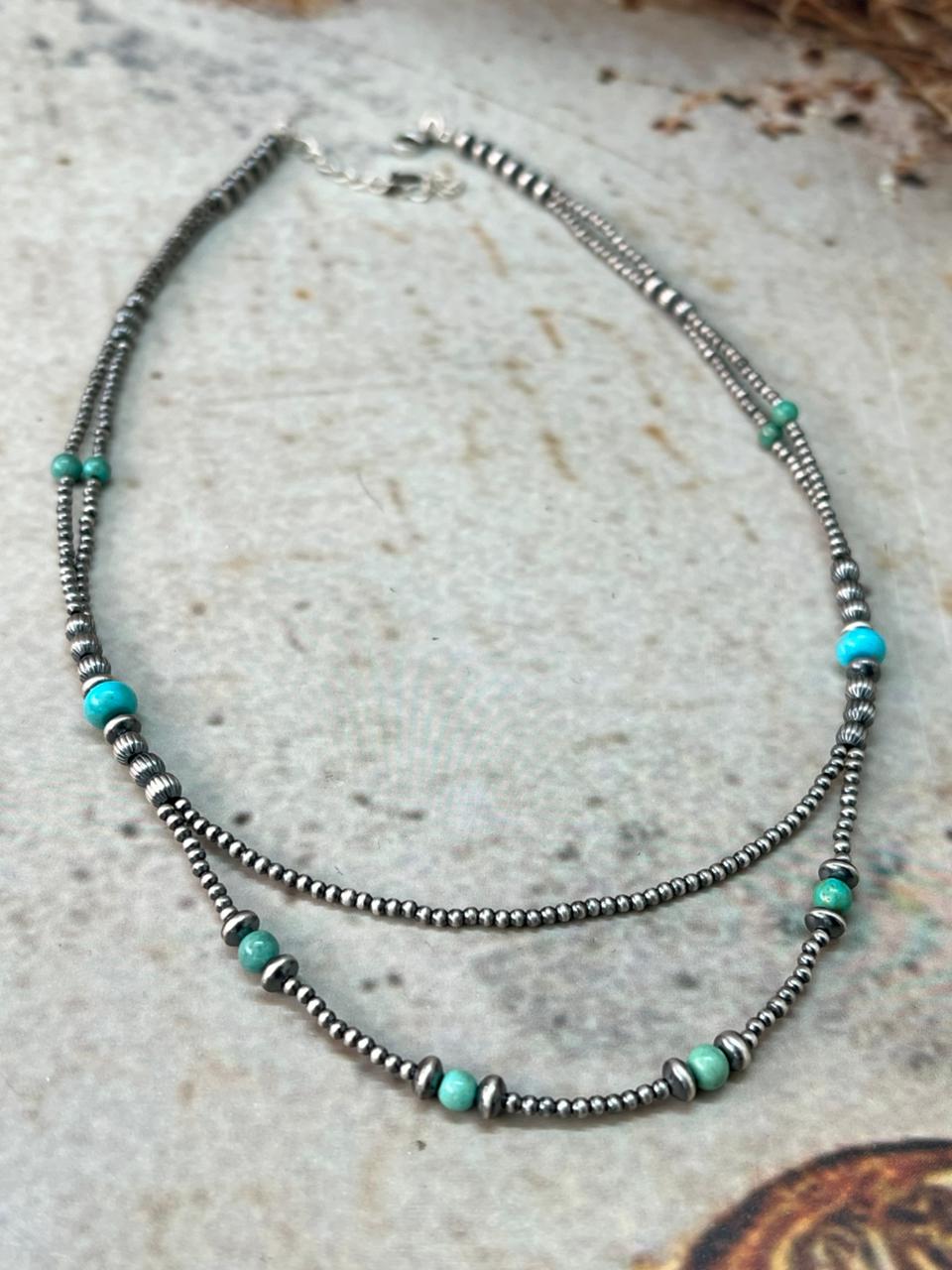 Handmade Sterling Silver Kingman Turquoise Beaded Necklace "Signed Nizhoni"