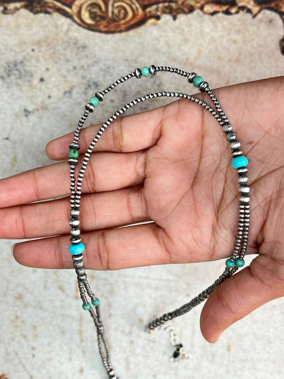 Handmade Sterling Silver Kingman Turquoise Beaded Necklace "Signed Nizhoni"