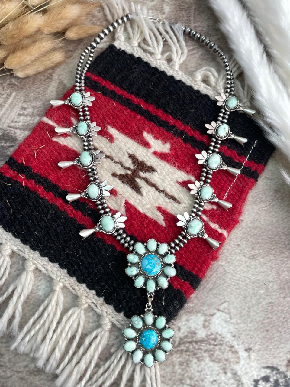 Handmade Sterling Silver Paloma with Sierra Bella Turquoise Squash Blossom Beaded Necklace "Signed Nizhoni"
