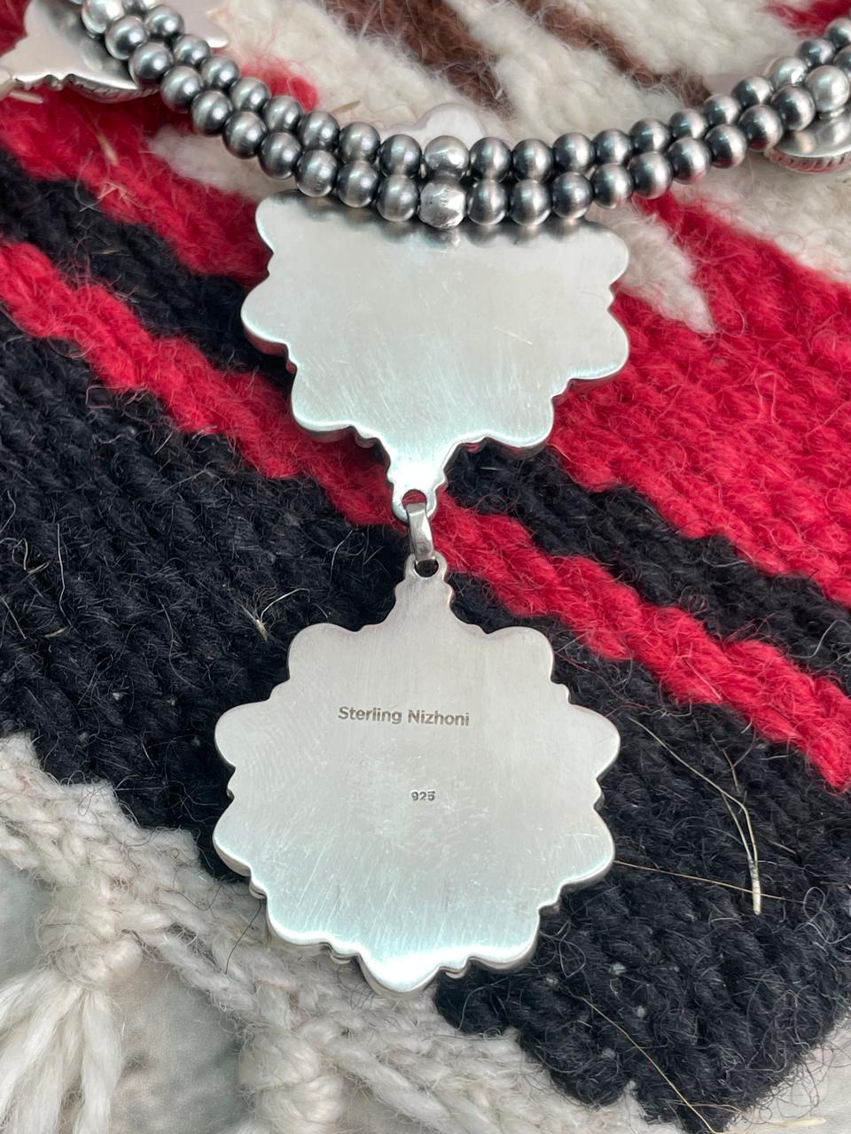 Handmade Sterling Silver Paloma with Sierra Bella Turquoise Squash Blossom Beaded Necklace "Signed Nizhoni"