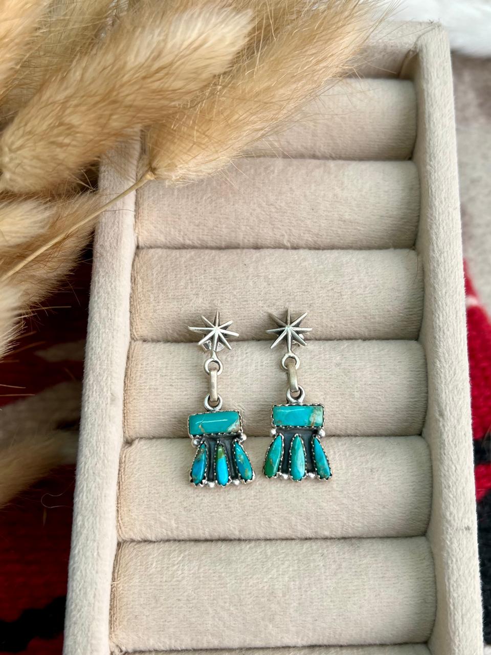 Handmade Sterling Silver Kingman Turquoise Post Dangle Earrings "Signed Nizhoni"