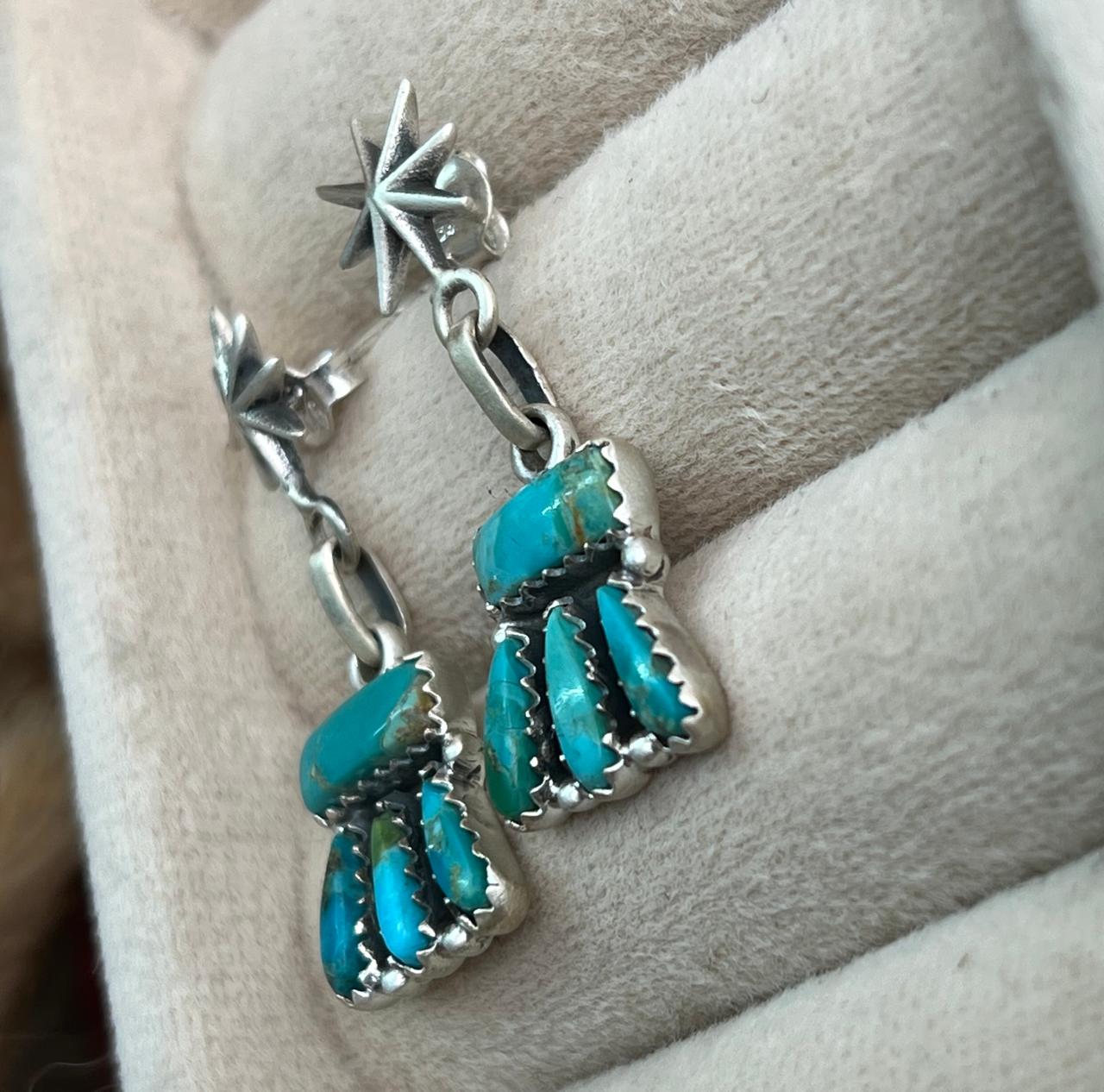 Handmade Sterling Silver Kingman Turquoise Post Dangle Earrings "Signed Nizhoni"