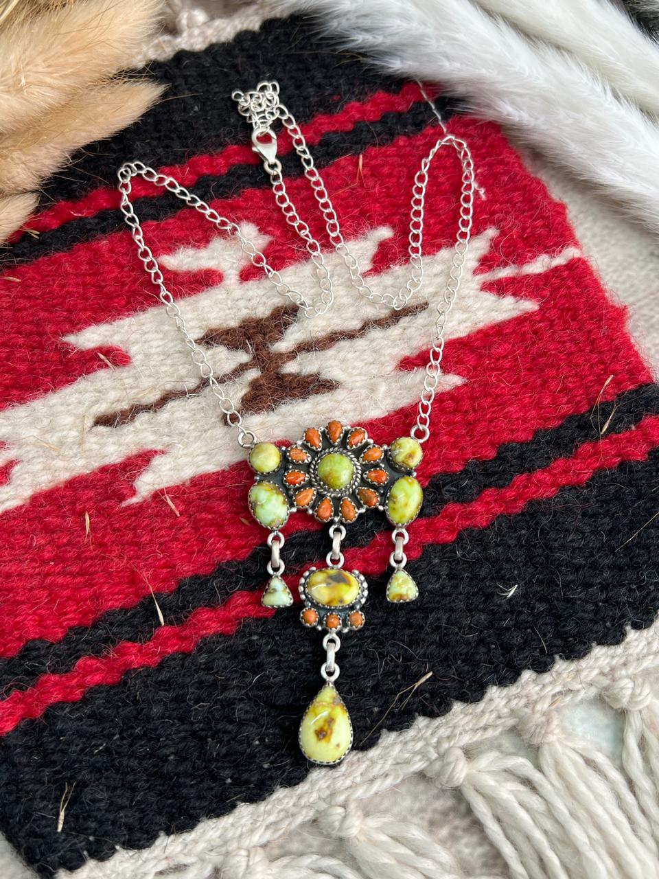 Handmade Sterling Silver Palomino Turquoise with Orange Mojave Necklace "Signed Nizhoni"