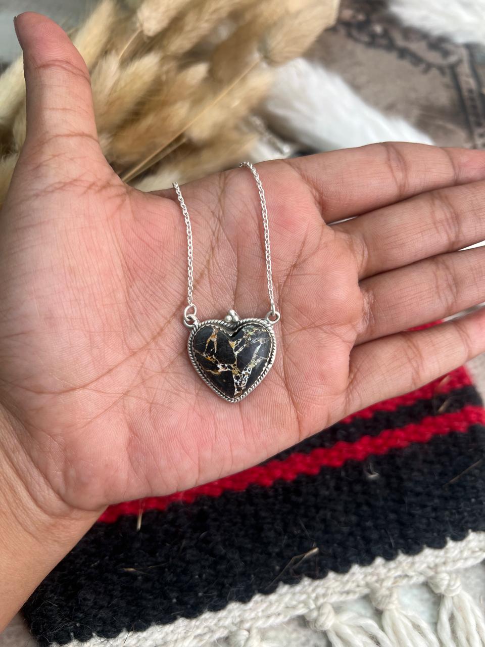 Handmade Sterling Silver Blackjack Turquoise Heart Necklace "Signed Nizhoni"