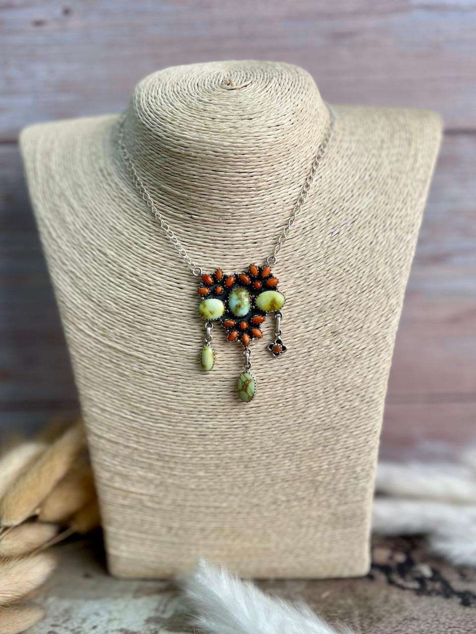 Handmade Sterling Silver Palomino Turquoise with Orange Mojave Necklace "Signed Nizhoni"