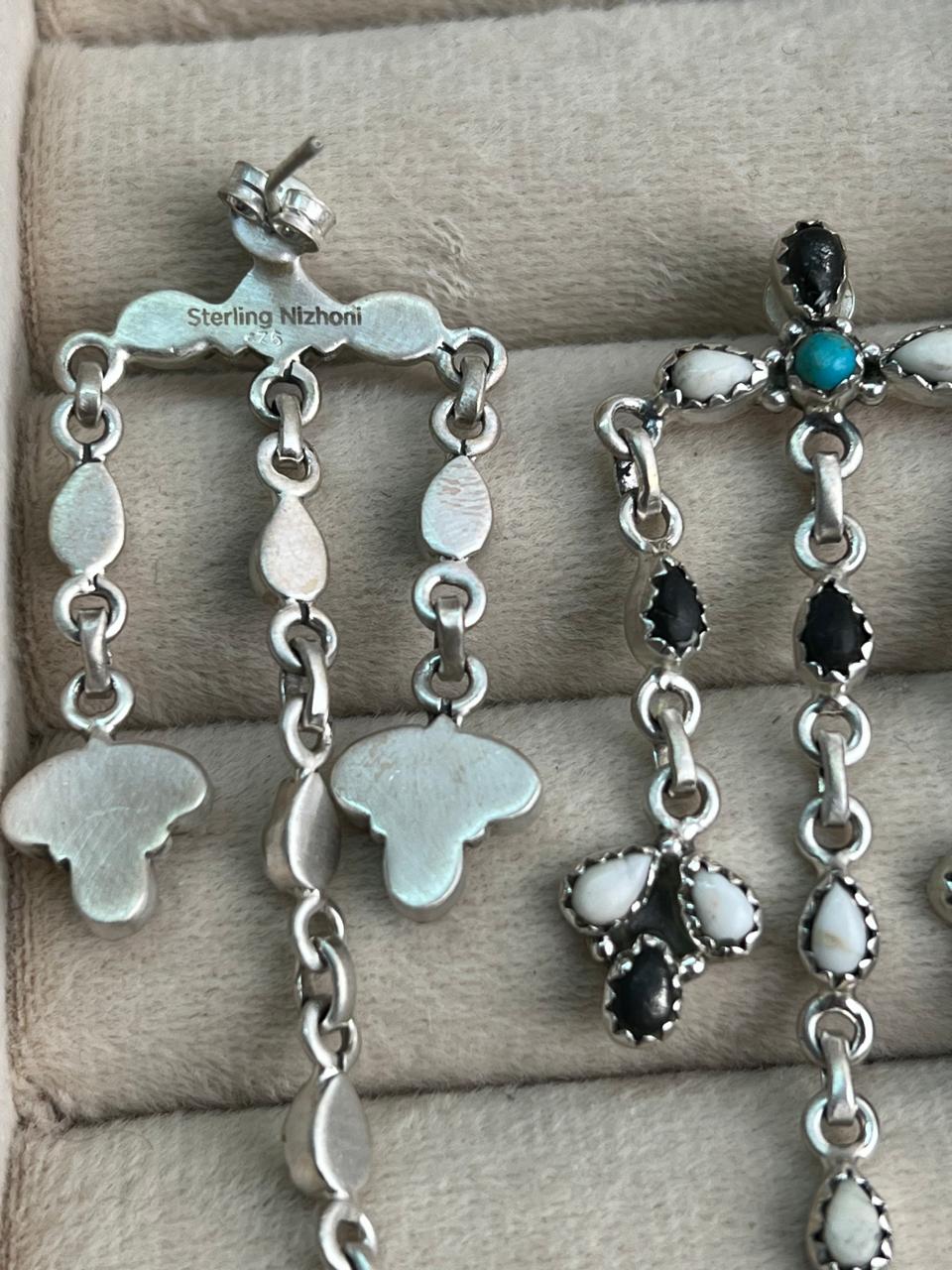 Handmade Sterling Silver Kingman Turquoise with White Buffalo Post Dangle Earrings "Signed Nizhoni"