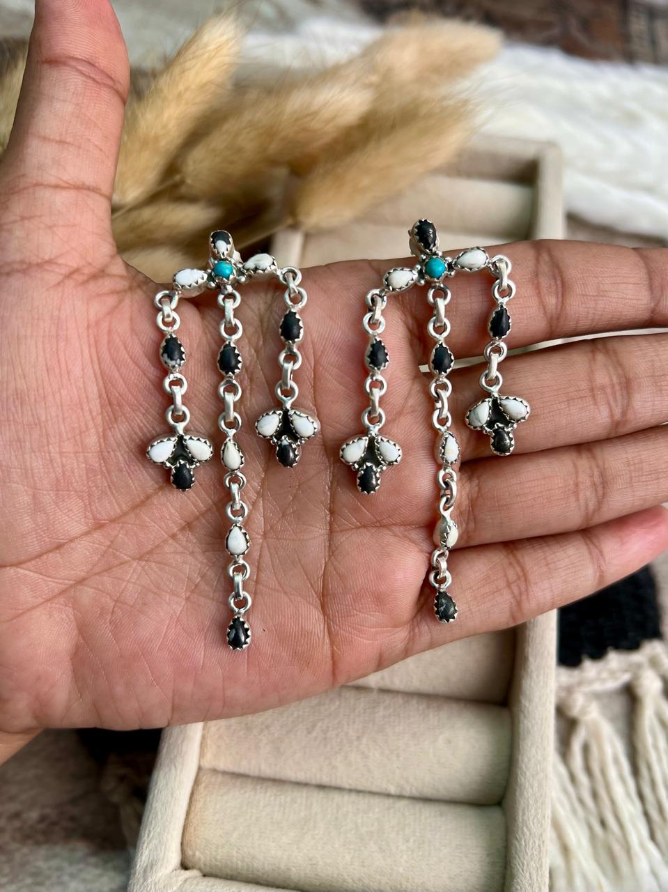 Handmade Sterling Silver Kingman Turquoise with White Buffalo Post Dangle Earrings "Signed Nizhoni"