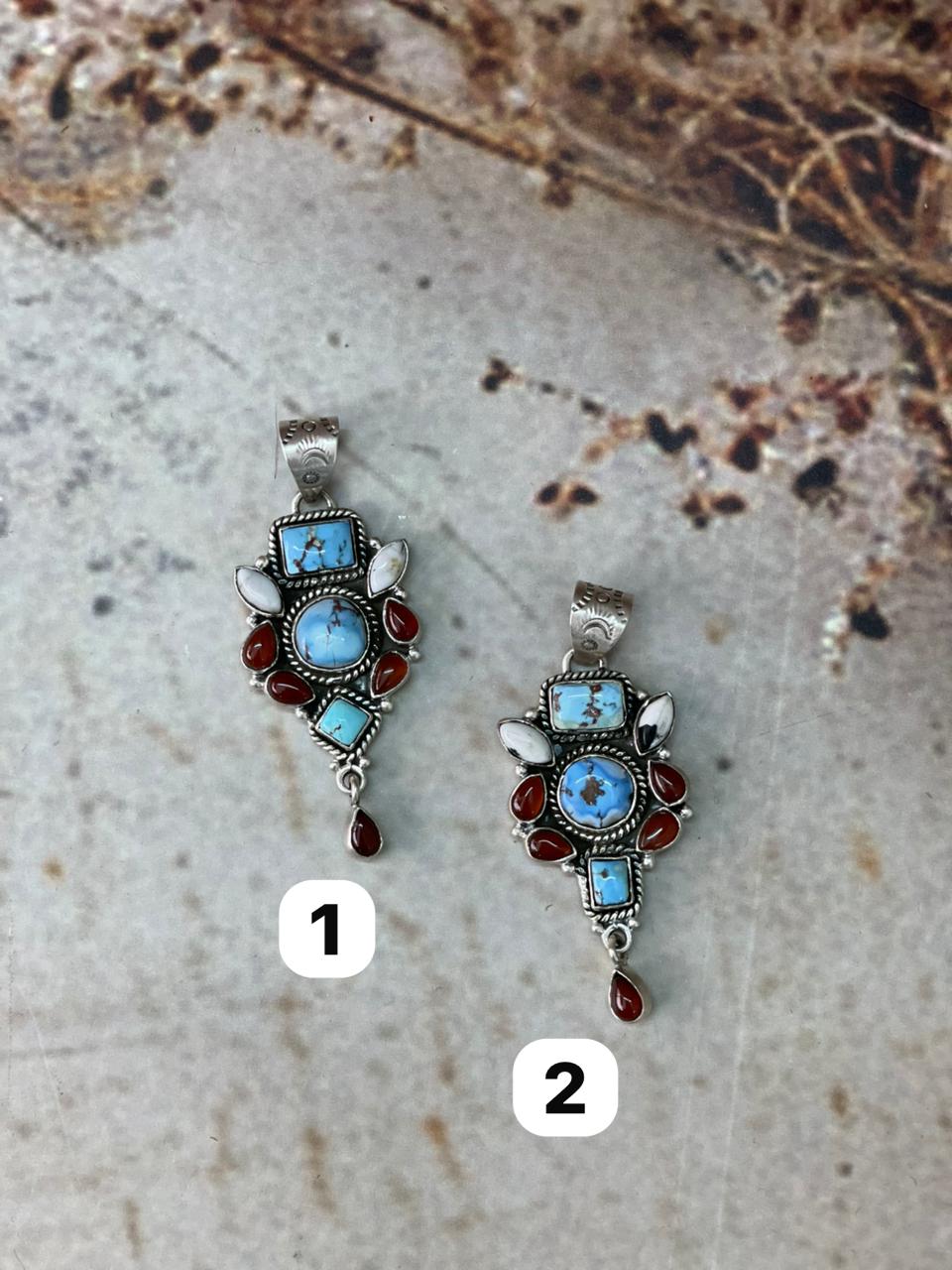 Handmade Sterling Silver Canyon Sunset Collection: Golden Hills Turquoise with White Buffalo and Carnelian Pendant "Signed Nizhoni"