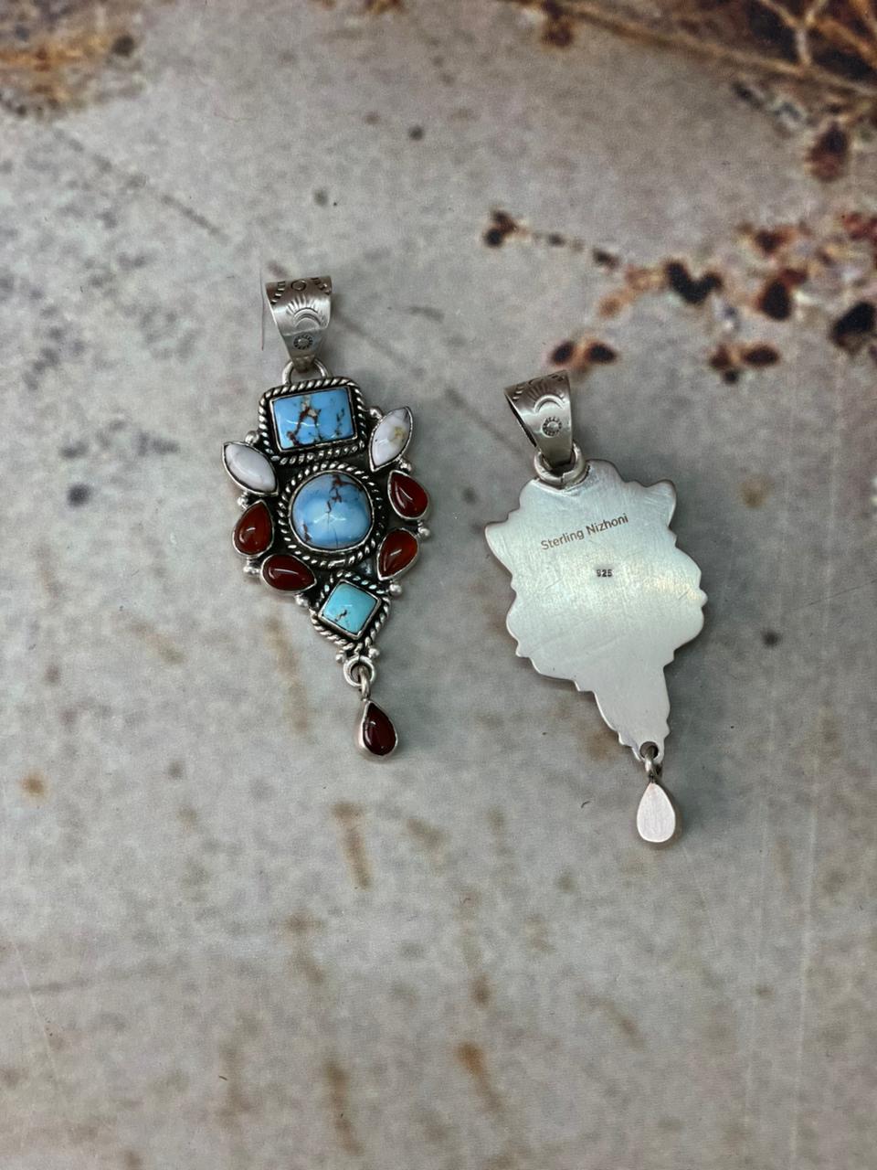 Handmade Sterling Silver Canyon Sunset Collection: Golden Hills Turquoise with White Buffalo and Carnelian Pendant "Signed Nizhoni"