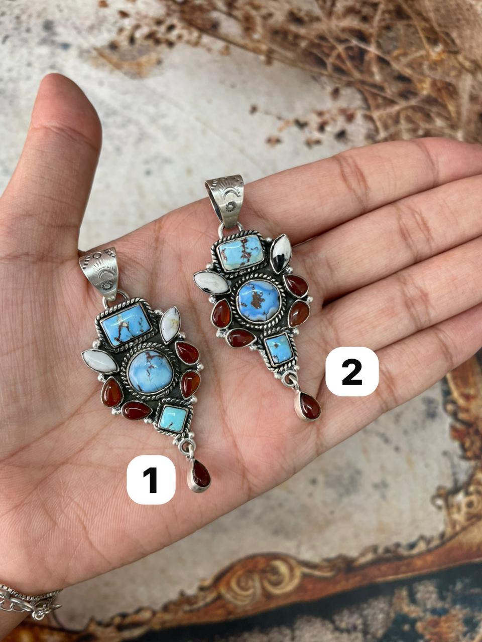 Handmade Sterling Silver Canyon Sunset Collection: Golden Hills Turquoise with White Buffalo and Carnelian Pendant "Signed Nizhoni"