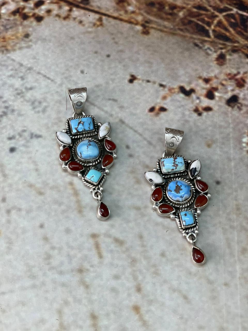 Handmade Sterling Silver Canyon Sunset Collection: Golden Hills Turquoise with White Buffalo and Carnelian Pendant "Signed Nizhoni"