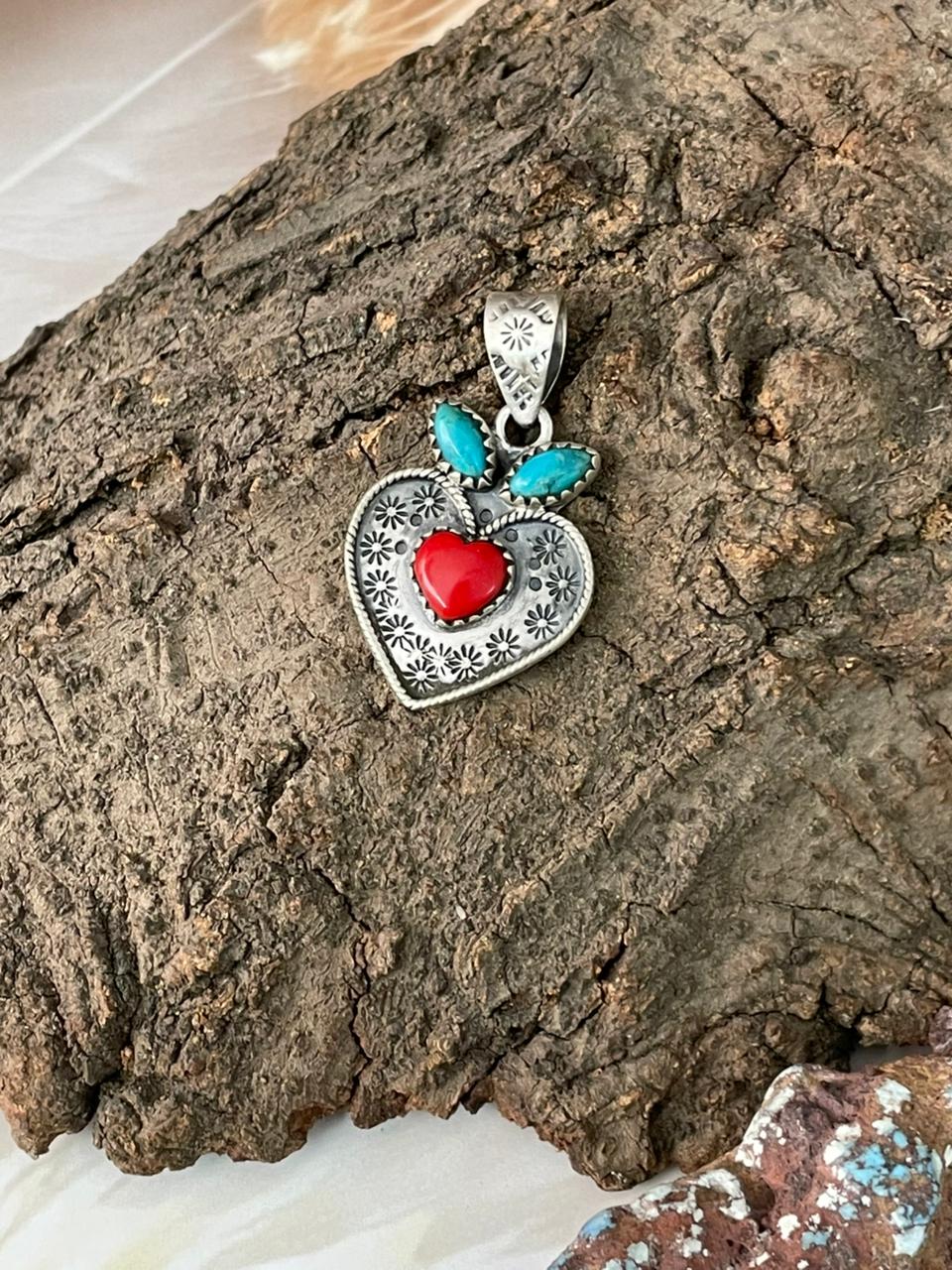 Handmade Sterling Silver Rosarita with Kingman Turquoise Cherry Heart Pendant "Signed Nizhoni"