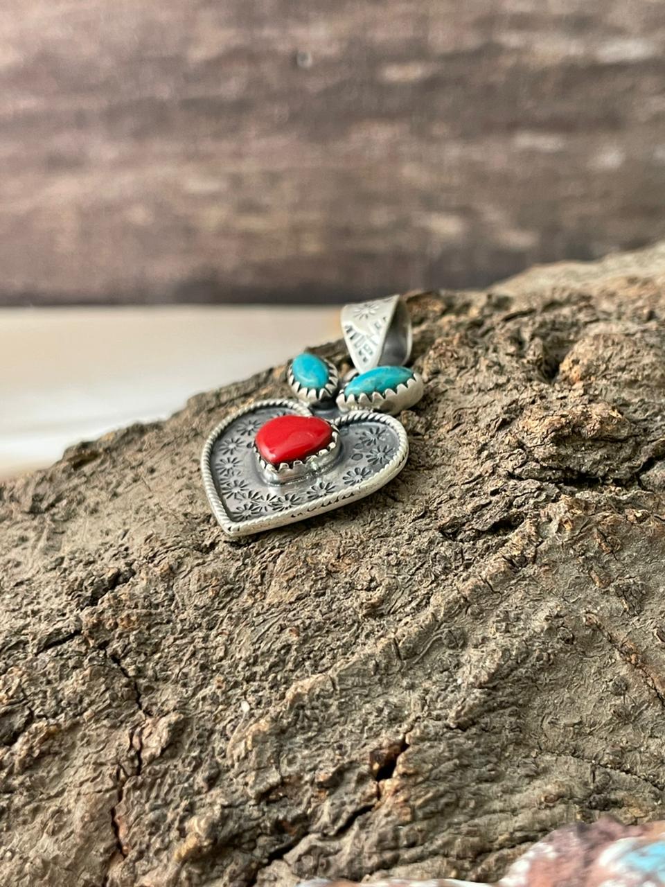 Handmade Sterling Silver Rosarita with Kingman Turquoise Cherry Heart Pendant "Signed Nizhoni"