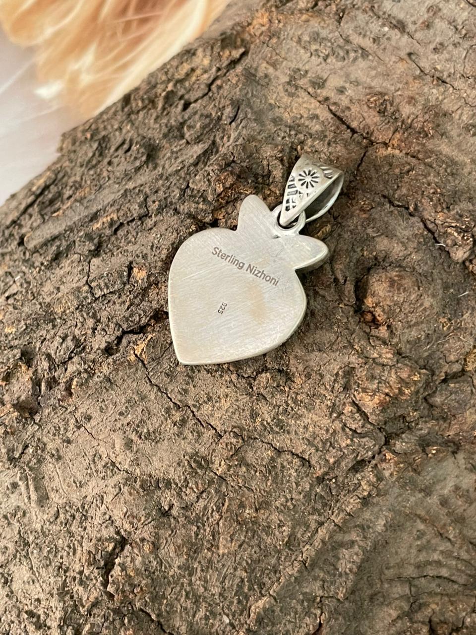 Handmade Sterling Silver Rosarita with Kingman Turquoise Cherry Heart Pendant "Signed Nizhoni"